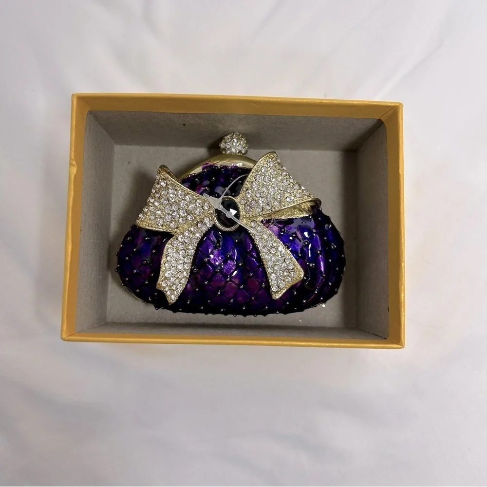 Purple Crystal Bow Minaudiere Evening Clutch Bag Gold Tone Rhinestone Hard Shell